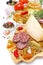 Italian food - cheese, sausage, pasta, spices, tomatoes