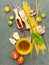 Italian food concept. Spaghetti with ingredients sweet basil ,tomato ,garlic peppercorn ,champignon,zucchini and parmesan cheese