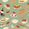 Italian food with cooking pizza, lunch pasta, spaghetti and cheese, desserts and wine seamless pattern vector