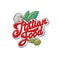 Italian Food logo. Red lettering with mushroom, basil leaves and green olives.