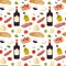 Italian food seamless pattern. Cartoon illustration with Italian cheese, meat, bread, tomatos and wine