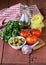 Italian food still life - pasta, olive oil, tomatoes