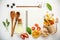 Italian foods concept and menu design . Various pasta elbow macaroni ,fusilli ,fettucini with ingredients sweet basil, sage