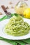 Italian green pasta spaghetti with pesto green peas, mint