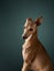 Italian Greyhound dog looks away, dark teal background.