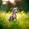 Italian Greyhound puppy sitting on the green meadow in summer green field. Portrait of a cute Italian Greyhound pup sitting on the