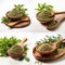 Italian herb powder grinding on wooden spoon on white background and fresh leaves medicine herbs