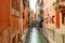 Italian houses between the hidden canal of Reno river, Bologna, Italy