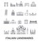 Italian landmakrs, italian, italian landscape, piza tower, cathedral, colosseum line icons. Editable strokes. Flat