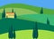 Italian landscape with green fields, house and pine trees. Vector illustration.