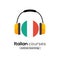 Italian language learning logo icon with headphones. Creative italian class fluent concept speak test and grammar