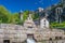 Italian medieval village details, historical stone church and abbey, old city stone buildings architecture. Santa Fiora, Tuscany,