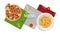 Italian menu banner. Pizza pasta on plate, napkins and tomato. Realistic food, italy restaurant or cafe vector