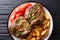 Italian menu: braised veal Ossobuco steak with fried potatoes an