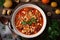 Italian Minestrone Soup. Vegetarian soup with vegetables, beans and pasta with basil. View from above