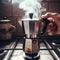 italian mocha coffee maker over stove smoking steam and aroma as coffee is ready in the morning