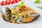 Italian pasta aglio olio with sea fruit