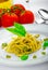 Italian pasta with basil pesto, late harvest wine