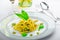 Italian pasta with basil pesto, late harvest wine