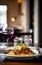 Italian pasta bolognese in a restaurant with blurred background.