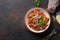 Italian pasta fettuccine with meatballs, cheese, tomatoes, basil. Top view