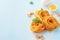 Italian pasta fettuccine nest, eggs and basil. Copyspace
