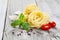 Italian pasta fettuccine nest with garlic, tomatoes basil