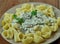 Italian pasta gomiti with mushroom sauce.