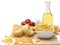 Italian pasta, macaroni quills with cherry tomatoes and olive oil in a glass bottle