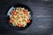 Italian pasta with mussels and tomatoes. Copy space