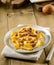 Italian pasta, pappardelle with hare sauce, selectiv focus