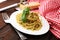 Italian pasta with pesto, spaghetti fresh cuisine.