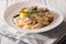 Italian pasta with porcini mushrooms and cheese close-up on a pl