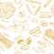 Italian Pasta seamless pattern. Different types of pasta. Vector hand drawn illustration. Isolated objects on white.