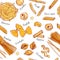 Italian Pasta seamless pattern Different types of pasta. Vector hand drawn illustration. objects on white. Colorful.