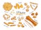 Italian Pasta set. Different types of pasta. Vector hand drawn illustration. objects on white. Colorful.