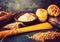 Italian pasta, spaghetti, fettuccine, wheat, rolling pin, flour on a textured background. Still life in a rustic style.  Vintage