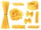 Italian pasta types. Realistic 3d dry spaghetti, penne, and homemade tagliatelle, organic farfalle and wheat fusilli