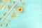 Italian pasta variety, flat lay banner, shot from above on a blue background