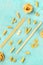 Italian pasta variety, flatlay banner, overhead shot on a teal blue background