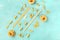 Italian pasta of various sorts, a flat lay banner, shot from above on teal blue