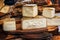 Italian pecorino cheese on a wood rustic display