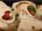 Italian Piadina Rolled and Filled with Cheese, Tomato and Argula: Typical Italian Flat unleavened Bread