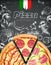 Italian pizza ads or menu with illustration rich toppings dough on engraved style chalk doodle background.