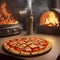 Italian pizza is cooked in a wood-fired oven. Fire on the background. Generative AI