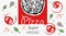 Italian pizza design template. Pizza Frutti Di Mare seafood in hand drawn sketch style and pizza ingredients in flat modern styl