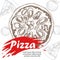 Italian pizza design template. Pizza Frutti Di Mare seafood in hand drawn sketch style and pizza ingredients in flat modern styl