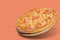 Italian pizza levitation with seafood and bacon, on pantone background