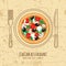 Italian pizza and line dish, fork and knife on textured grunge background.