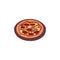 Italian pizza served on dish, plate. Snack food with salami sausages, olives, mozzarella and feta cheese, basil